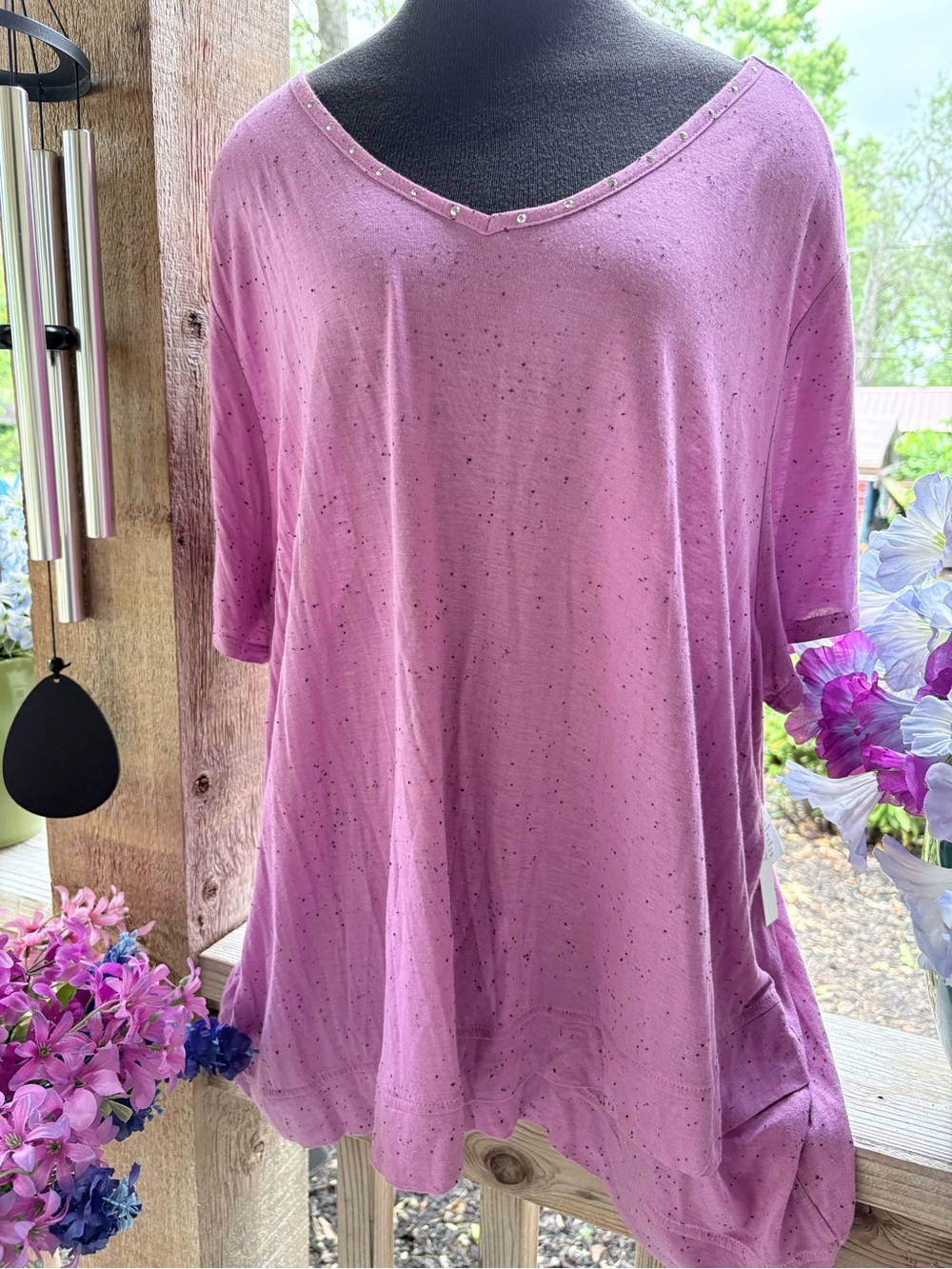 SilverWear Soft Orchid W/ Black Specks V Neck Loose Stretch Tunic Top 3X NWT